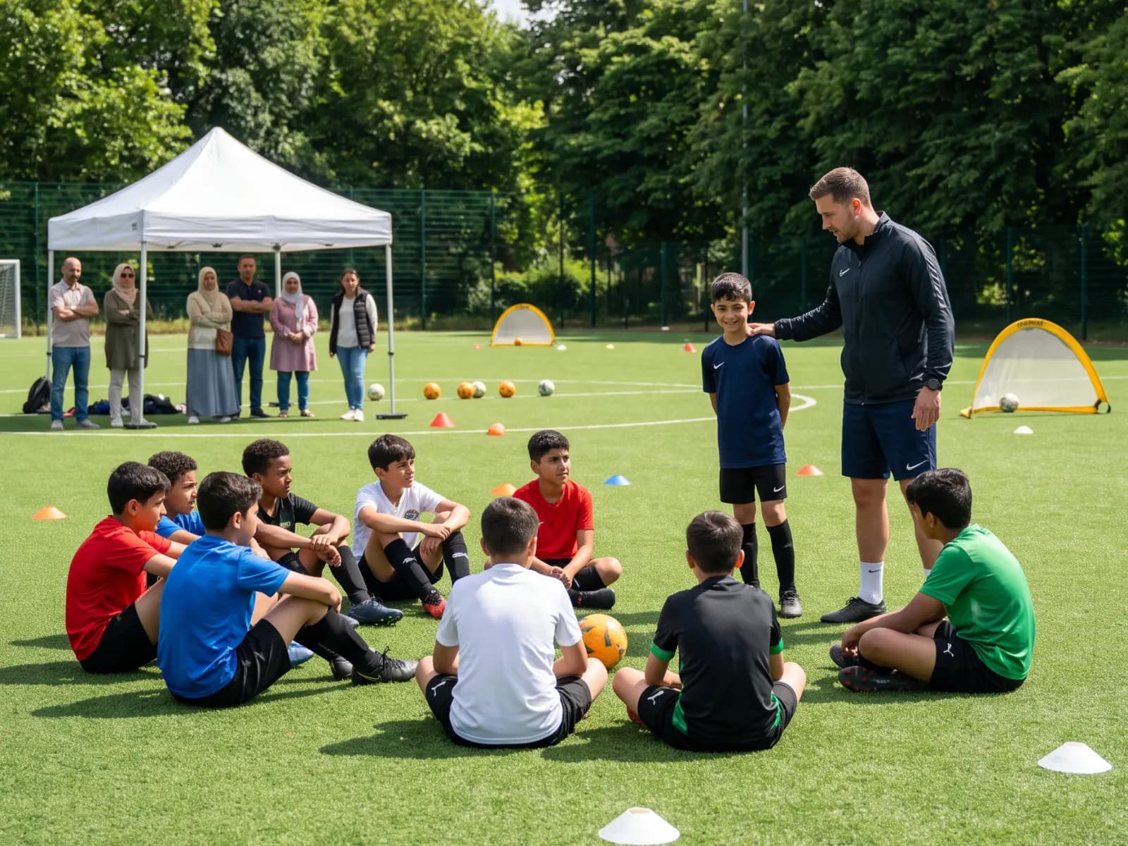 Barn och ledare på fotbollsplanen under en gemensam träning i Haninge