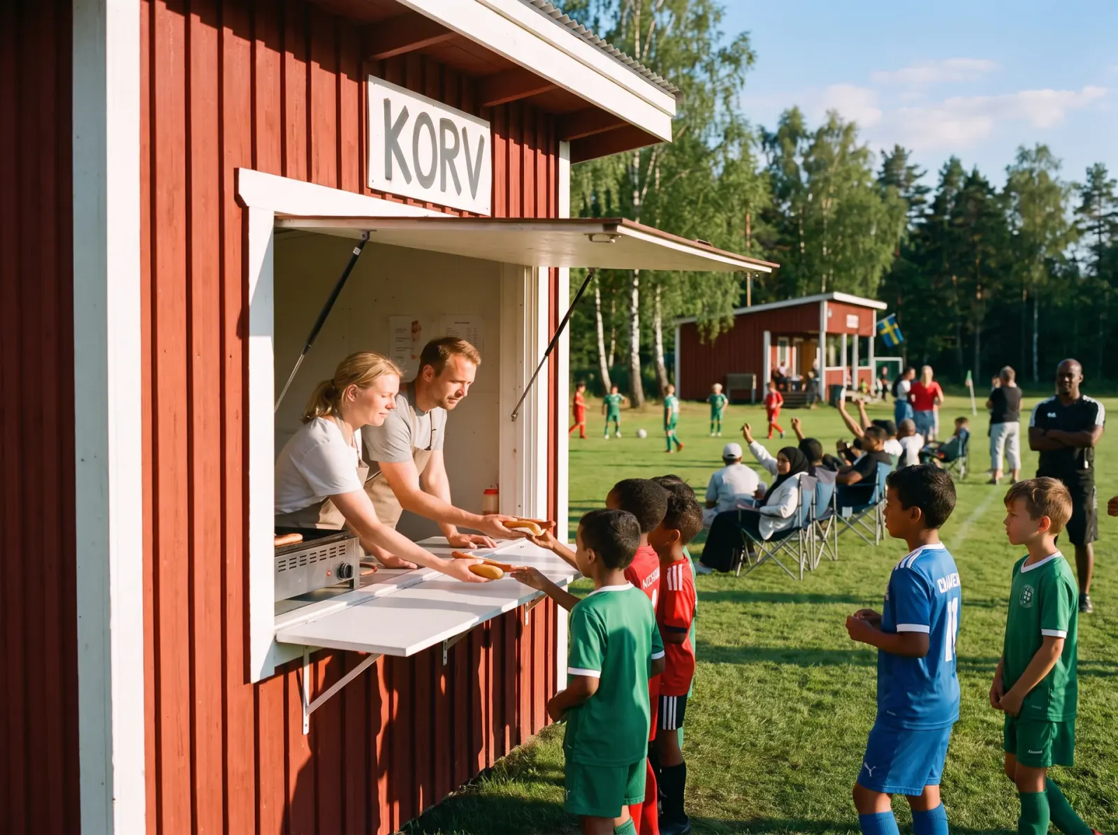 Volontärer serverar korv till barn i fotbollskläder vid kiosken intill planen
